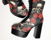 Platform shoes, skulls and roses boot, alternative, skull, gothic, boot, chunky heels, skull, wedding rock your sole, pastel goth, Halloween