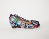 Dia de los muertos, sugar skulls, low wedges, custom shoes, wife gift, women shoe, skull heels, hippie, day of the dead wedding, pin up girl