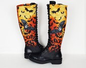 Halloween, halloween boots, bats, goth shoe, knee high boot, women boot, alternative, orange shoe, rock your sole, creepy cute, long boots