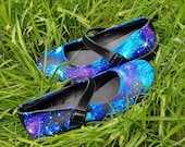 Galaxy, shoes, custom pumps, nebula gift, hippie, boho, space print, gift idea, Mary Jane's flats, rock your sole, galaxy flats, pastel goth
