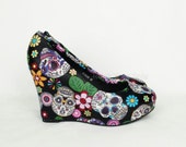 Day of the dead shoes, sugar skulls wedges, women shoes, custom shoes, alternative footwear, footwear, shoes, gothic shoes, gift for her