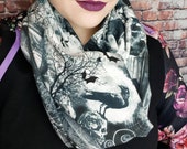 Gothic scarf, infinity scarves, goth alternative, gift, spooky, crow, raven, snood scarf, women accesories, Halloween, large jersey snood
