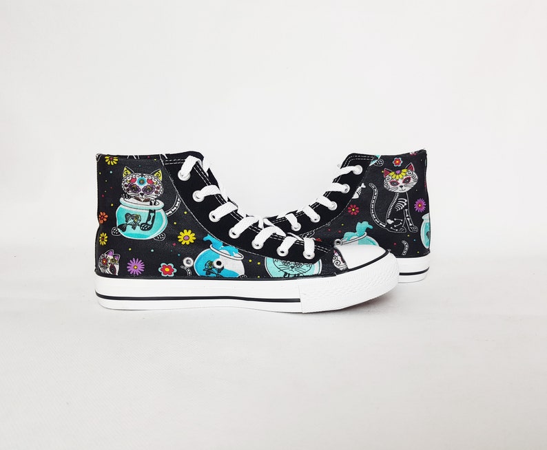 Cat, sugar skull, day of the dead, bones, custom plimsolls, women trainers, hi tops, rockabilly, custom sneakers, gift for her, skater shoes Cat, sugar skull, day of the dead, bones, custom plimsolls, women trainers, hi tops, rockabilly, custom sneakers, gift for her, skater shoes