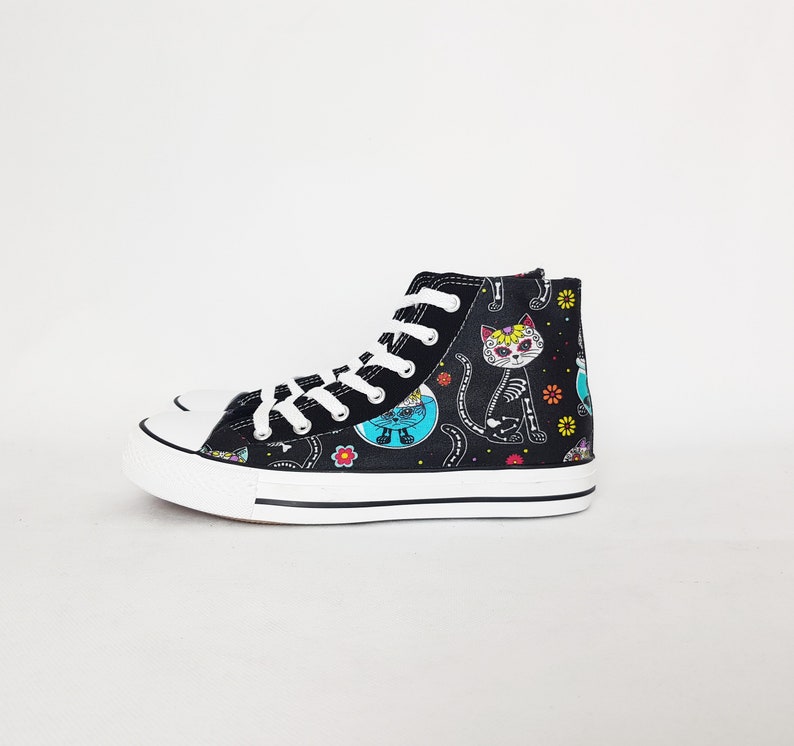 Cat, sugar skull, day of the dead, bones, custom plimsolls, women trainers, hi tops, rockabilly, custom sneakers, gift for her, skater shoes Cat, sugar skull, day of the dead, bones, custom plimsolls, women trainers, hi tops, rockabilly, custom sneakers, gift for her, skater shoes