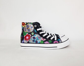 Sugar skull shoes, custom plimsolls, skull trainers, hi tops, rockabilly, day of the dead, sugar skull sneakers, gift for her, women shoes