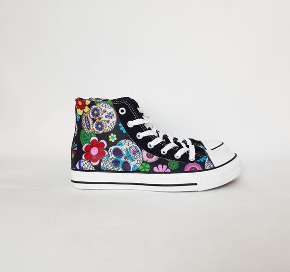 Sugar skull shoes, custom plimsolls, skull trainers, hi tops, rockabilly, day of the dead, sugar skull sneakers, gift for her, women shoes Sugar skull shoes, custom plimsolls, skull trainers, hi tops, rockabilly, day of the dead, sugar skull sneakers, gift for her, women shoes
