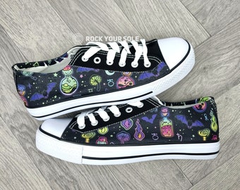 Bats trainers, spooky shoes, alternative fashion, customized sneakers, custom shoes, women shoes, pastel goth, plimsolls, potions, halloween