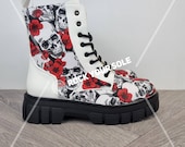 Skulls and roses shoes, wedding, Halloween, Goth ankle boots, women custom, gift, platform boot, white goth, rock your sole, creepy cute
