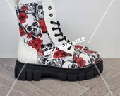 Skulls and roses shoes, wedding, Halloween, Goth ankle boots, women custom, gift, platform boot, white goth, rock your sole, creepy cute