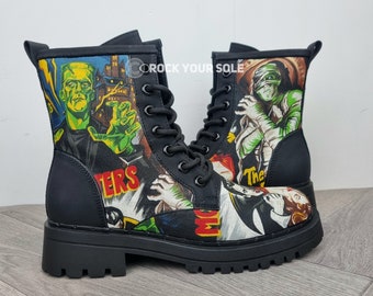 Horror ankle boots, custom shoes, classic films, Frankenstein, werewolf, women shoes, goth, alternative, Christmas, Dracula shoes, Halloween