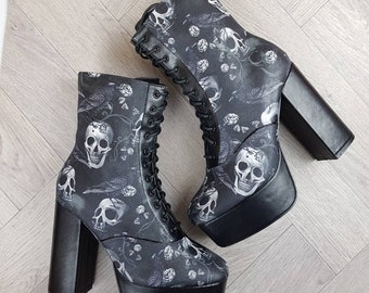 Platform shoes, skulls raven boot, alternative, skull, gothic, boot, chunky heels, skull, wedding rock your sole, pastel goth, Halloween