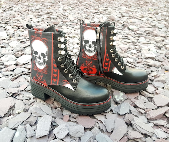 Goth boots, black and red, platform shoes, skull shoes, creepy, oddities, halloween, alternative, women shoes, gothic clothing, gift for her Goth boots, black and red, platform shoes, skull shoes, creepy, oddities, halloween, alternative, women shoes, gothic clothing, gift for her