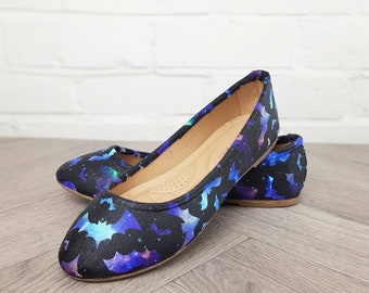 Galaxy bats shoes, Halloween, dolly pumps, gothic, nebula, geek, Christmas gift, slip on women pumps, custom shoe, alternative, gift for her