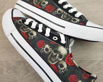 Skulls and red roses, skull shoes, alternative fashion, customized sneakers, custom shoes, women shoes, pastel goth, plimsolls, birthday