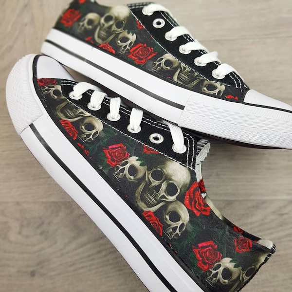 Skulls and red roses, skull shoes, alternative fashion, customized sneakers, custom shoes, women shoes, pastel goth, plimsolls, birthday
