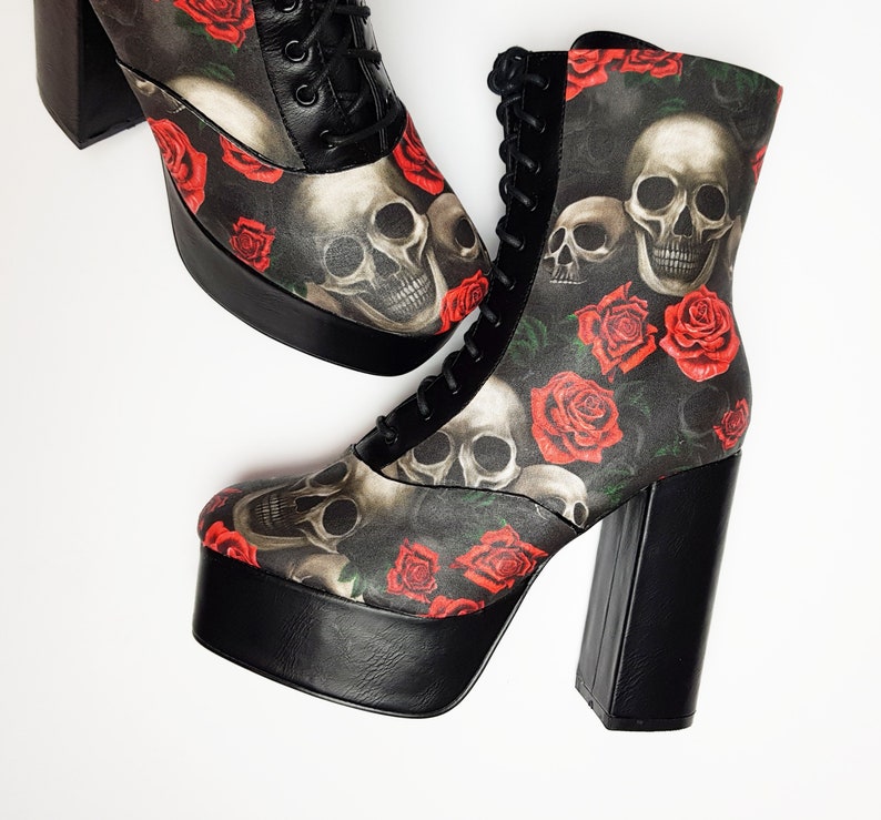 Platform shoes skulls and roses boot alternative skull | Etsy