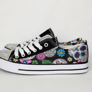 Day of the dead, custom shoes, women shoes, sugar skull shoes, custom skull shoes, alternative, custom converse style pumps, gift for her image 2