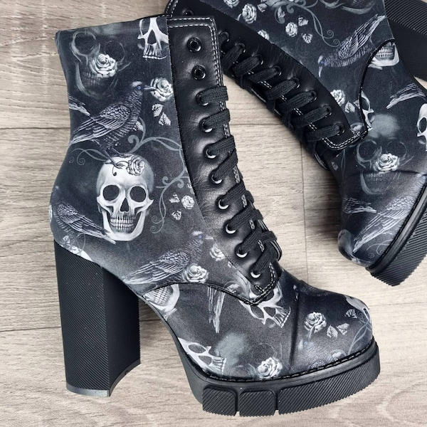 Platform shoes, skulls raven boot, ladies ankle boots, alternative, gothic, chunky heels, wedding rock your sole, pastel goth, Halloween