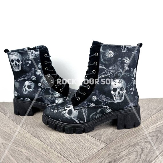 Platform shoes skulls raven boot ladies ankle boots alternative gothic chunky heels wedding rock your sole pastel goth Halloween