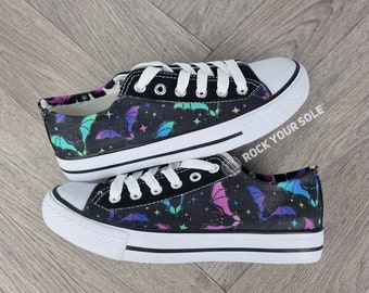 Neon bats trainers, spooky shoes, alternative fashion, customized sneakers, custom shoes, women shoes, pastel goth, plimsolls, birthday