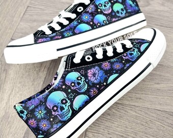 Skulls and blue flowers, skull shoes, alternative fashion, customized sneakers, custom shoes, women shoes, pastel goth, plimsolls, birthday