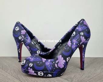 Purple moth heels, moon skull shoes, gothic high heels, women court heel, neon custom heels, rockabilly shoes, gift for her, night out, punk