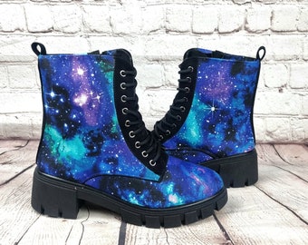 Galaxy shoes, chunky heel ankle boots, synthetic leather, geek shoes, nebula, geek gift, vegan, astrological gift, boho, fairy kei, harajuku