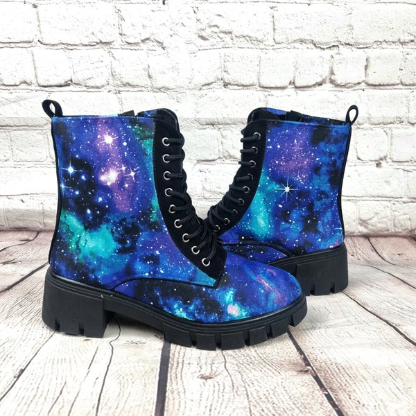 Galaxy shoes, chunky heel ankle boots, synthetic leather, geek shoes, nebula, geek gift, vegan, astrological gift, boho, fairy kei, harajuku