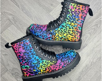 Leopard boots, Neon rainbow bright, original, summer custom shoes, women boots, gift for her, synthetic, Christmas present, pride, vegan