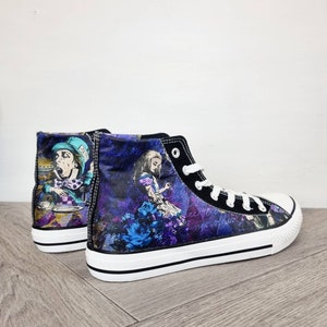 Alice in  wonderland shoes, custom high top plimsoll, trainers, pastel goth, rock your sole, grunge, gift, shoes, girlfriend gift