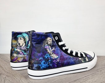 Alice in  wonderland shoes, custom high top plimsoll, trainers, pastel goth, rock your sole, grunge, gift, shoes, girlfriend gift