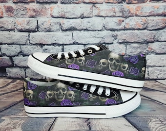 Skulls and purple roses, skull shoes, alternative fashion, customized sneakers, custom shoes, women shoes, pastel goth, plimsolls, birthday