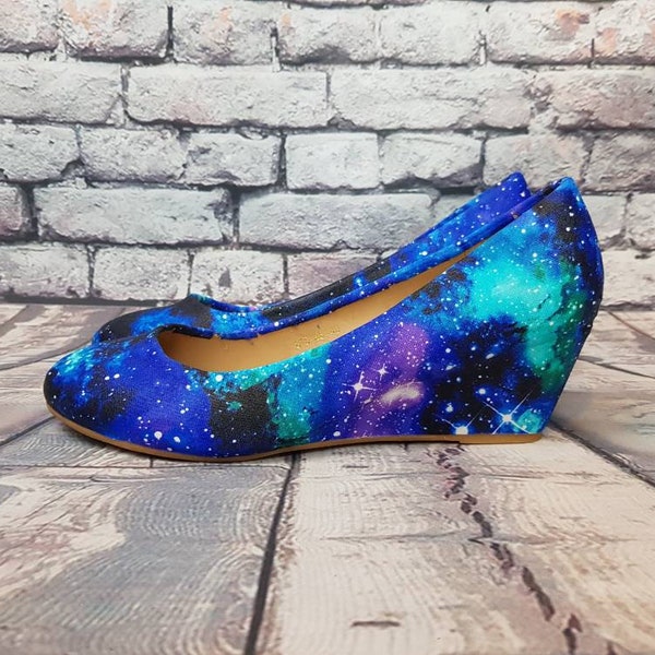 Galaxy, space, geek, shoes, wedges, mid heel, pumps, nebula theme, women shoes, geek wedding, quirky, astrology, earth, boho, hippy, planets