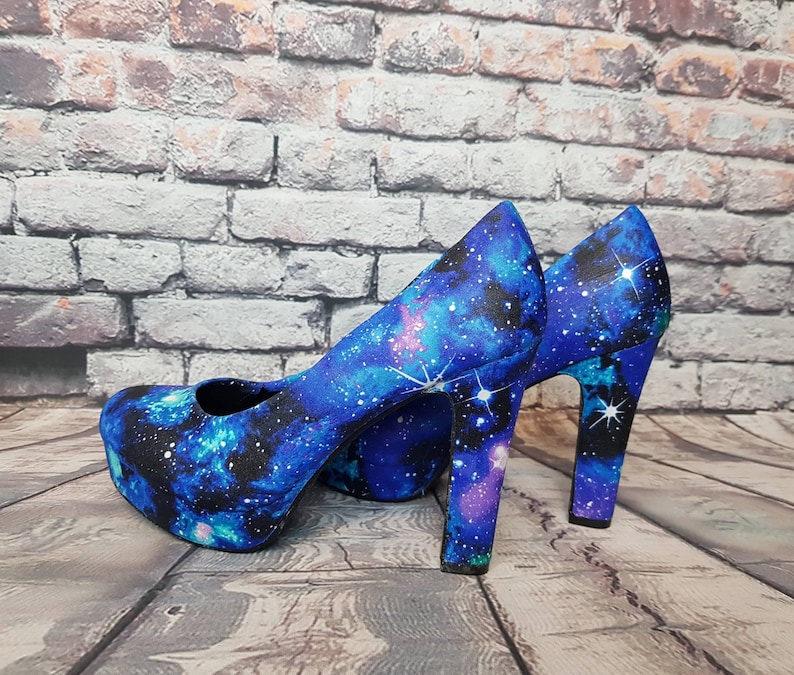 Galaxy shoes, space heels, custom shoe, nebula, geek, something blue,pastel goth, women shoes, alternative, gift for her, boho, rockabilly image 3