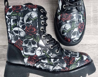 Skulls and roses shoes, Halloween, Goth ankle boots, women custom, goth gift, platform boot, pastel goth, rock your sole, creepy cute, punk