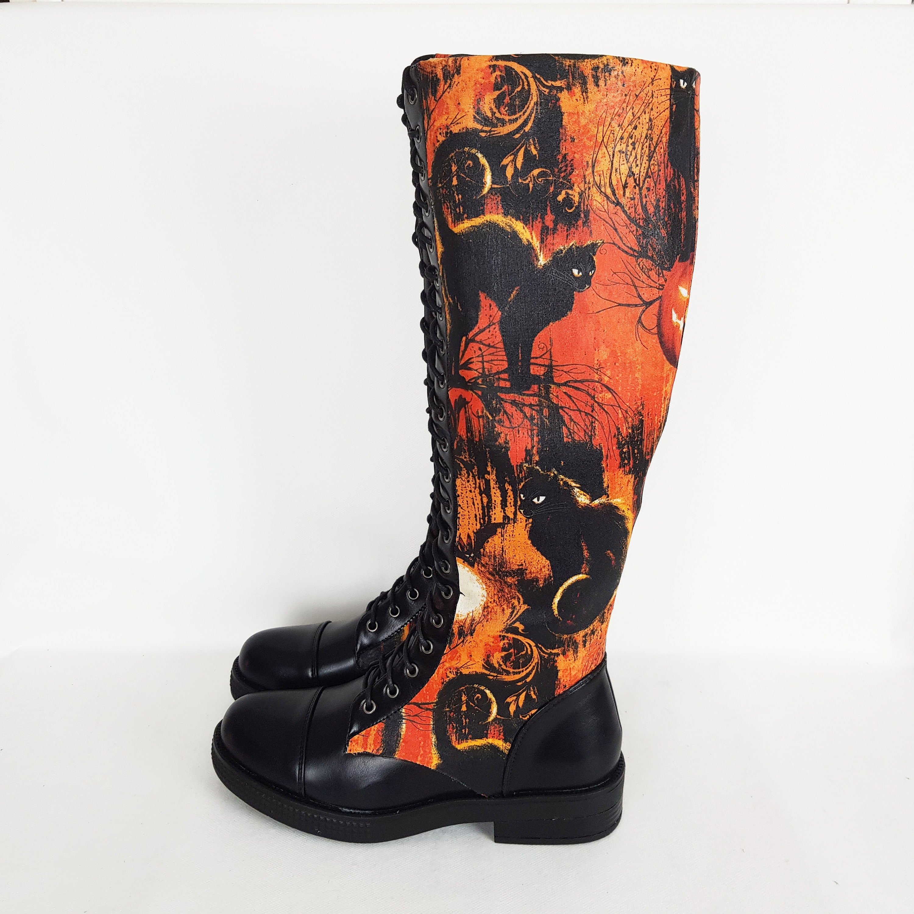 Halloween Halloween Boots Pumpkin Black Cat Goth Shoe | Etsy