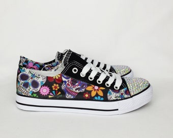 Day of the dead, custom shoes, women shoes, sugar skull shoes, custom skull shoes, alternative, custom converse style pumps, gift for her