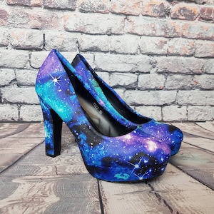 Galaxy shoes, space heels, custom shoe, nebula, geek, something blue,pastel goth, women shoes, alternative, gift for her, boho, rockabilly image 1