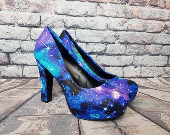 Galaxy shoes, space heels, custom shoe, nebula, geek, something blue,pastel goth, women shoes, alternative, gift for her, boho, rockabilly