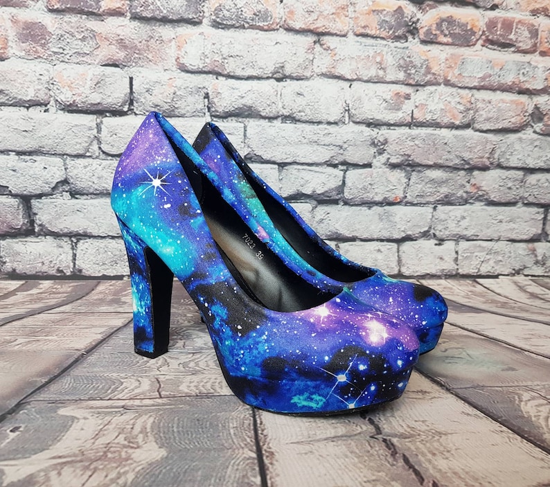 Galaxy shoes, space heels, custom shoe, nebula, geek, something blue,pastel goth, women shoes, alternative, gift for her, boho, rockabilly image 1