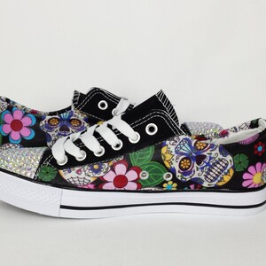 Day of the dead, custom shoes, women shoes, sugar skull shoes, custom skull shoes, alternative, custom converse style pumps, gift for her image 3