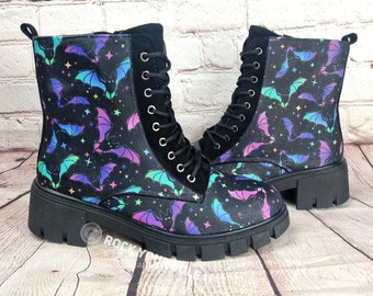 Neon bats boots, Halloween, Goth ankle boots, bats shoes, women custom, goth gift, platform boot, pastel goth, rock your sole, Christmas