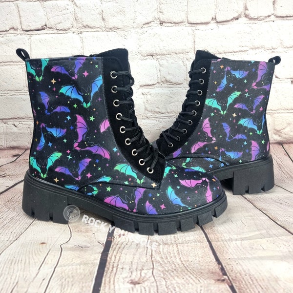 Neon bats boots, Halloween, Goth ankle boots, bats shoes, women custom, goth gift, platform boot, pastel goth, rock your sole, Christmas