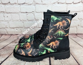 Dinosaur, jurassic park, dinosaur shoes, archeology, geek, geek gifts,platform boot, alternative, dino, custom shoe, t-Rex, Rock Your Sole