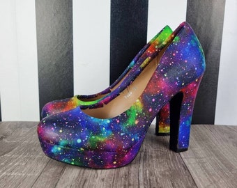 Rainbow galaxy shoes, space high heels, custom shoe, nebula, geek, pastel goth, women alternative, gift for her, boho, rockabilly, harajuku