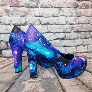 Galaxy shoes, space heels, custom shoe, nebula, geek, something blue,pastel goth, women shoes, alternative, gift for her, boho, rockabilly image 2