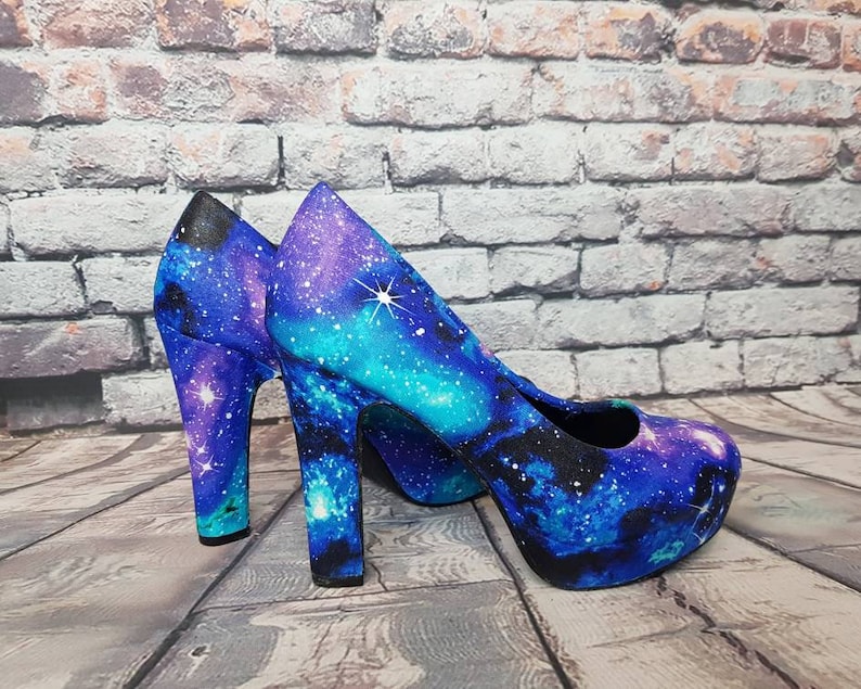 Galaxy shoes, space heels, custom shoe, nebula, geek, something blue,pastel goth, women shoes, alternative, gift for her, boho, rockabilly image 2