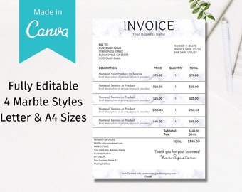 CANVA Invoice Templates, Modern Marble, Small Business, Editable, Printable A4, US Letter