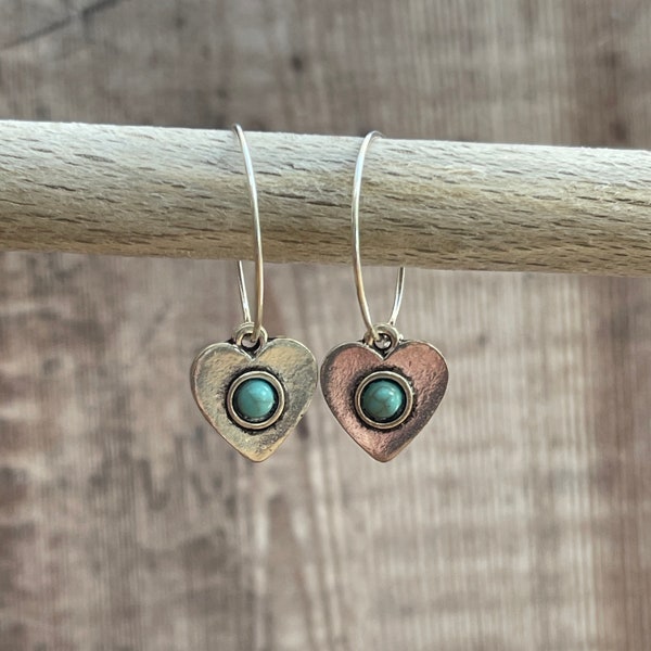 Boho Turquoise Heart Dangle Earrings with Brass Silver Hoops