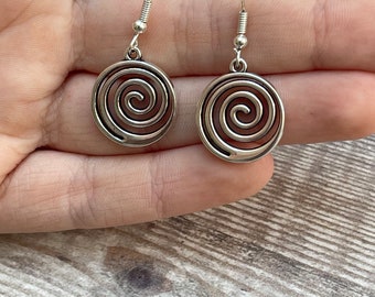 Silver spiral earrings, silver earrings, friend gift, dangly earrings, geometric earrings